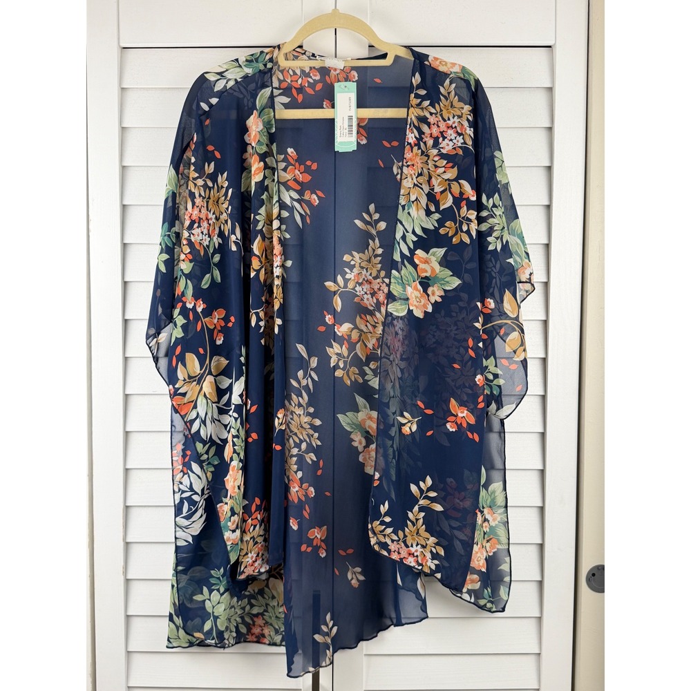 Emory Park Caley Open Kimono XL Navy Floral Sheer High Low NEW